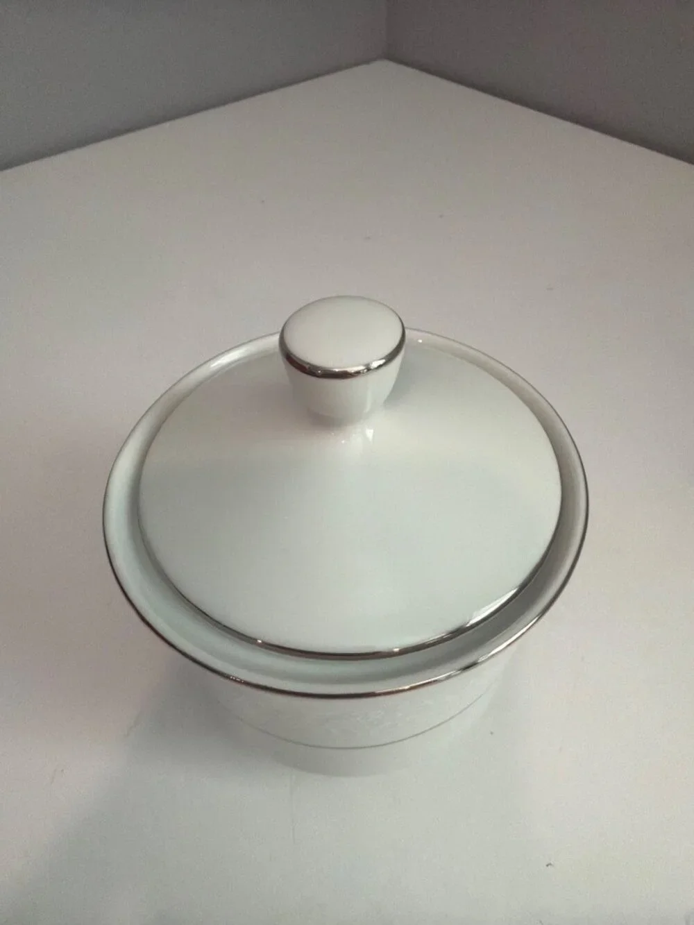 Vintage Rose China Sugar Bowl White Spanish Lace Pattern Silver Trim MadeJapan